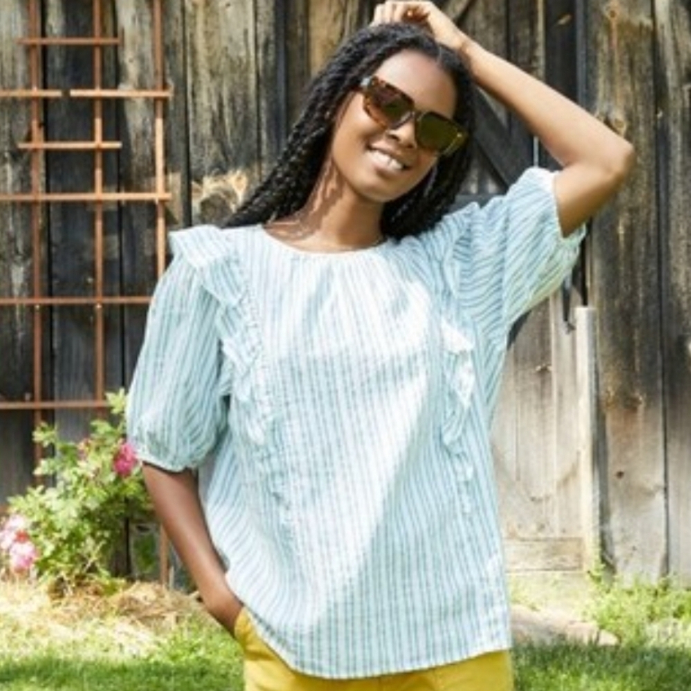 Universal Thread XL Cotton Stripe Ruffle Puff Sleeve Coastal Cottage Blouse